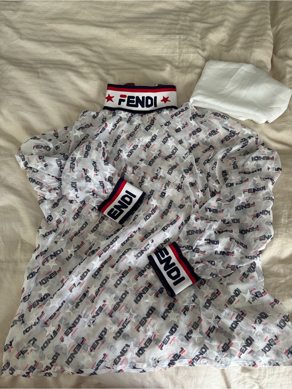 Fendi White Sheer Logo Jacket with Red and Black Trim. Vintage style ! - Picture 8 of 8